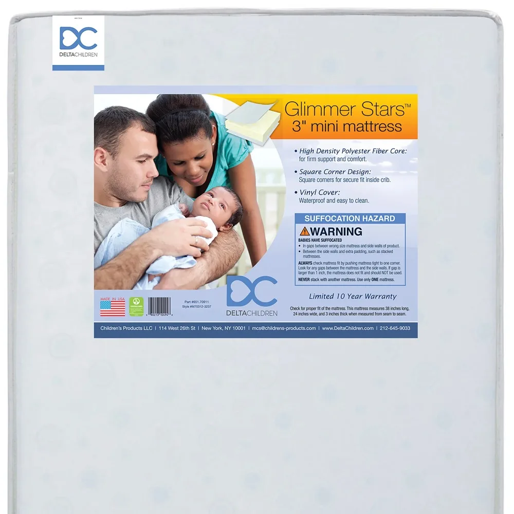 NEW Delta Children Glimmer Stars 3" Dual Sided Mini/Portable Baby Crib Mattress, Sustainably Sourced Fiber Core, GREENGUARD Gold
NEW Delta Children Glimmer Stars 3" Dual Sided Mini/Portable Baby Crib Mattress, Sustainably Sourced Fiber Core, GREENGUARD Gold