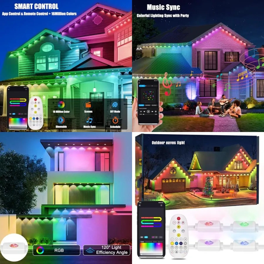 50FT Permanent Outdoor Lights with 30 Smart RGB LED Eave Lights, APP/Remote Control, IP67 Waterproof for House Roof, Eave, Gard
50FT Permanent Outdoor Lights with 30 Smart RGB LED Eave Lights, APP/Remote Control, IP67 Waterproof for House Roof, Eave, Gard