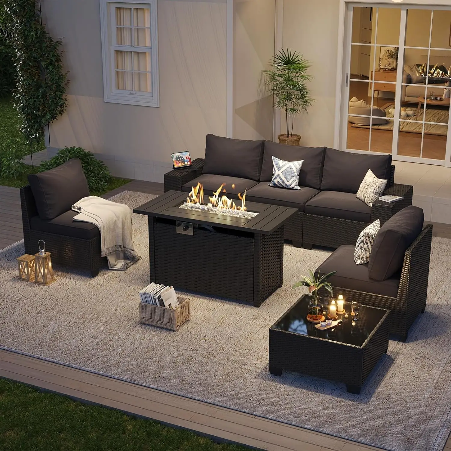 Patio Furniture Set With 44'' Fire Pit Table, 7 Pcs Outdoor Patio Furniture Sets With 4in Thicken Cushion, Widen, Customized
Patio Furniture Set With 44'' Fire Pit Table, 7 Pcs Outdoor Patio Furniture Sets With 4in Thicken Cushion, Widen, Customized