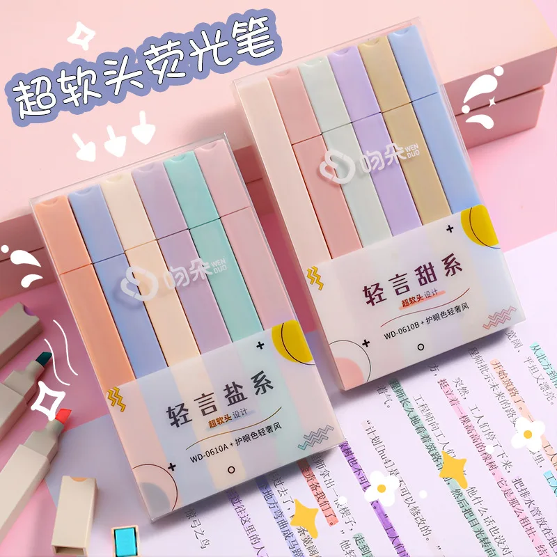 6pcs/set Soft Tip Highlighter Light Color Kawaii Marker Pen DIY Photo Album Journal Fluorescent Pen Student Stationery supplies
6pcs/set Soft Tip Highlighter Light Color Kawaii Marker Pen DIY Photo Album Journal Fluorescent Pen Student Stationery supplies