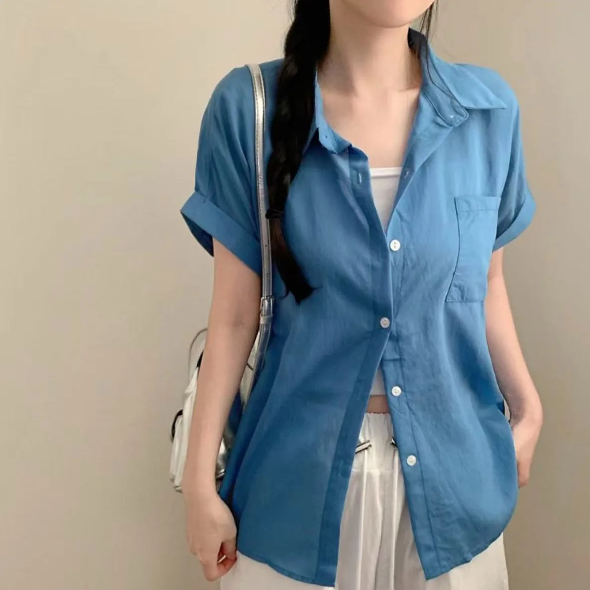 Korean Style Pure Color Short Sleeve Shirt Women's Fashionable High-End Feel Roll up Sleeve No Sleeve Top Breathable Summer
Korean Style Pure Color Short Sleeve Shirt Women's Fashionable High-End Feel Roll up Sleeve No Sleeve Top Breathable Summer