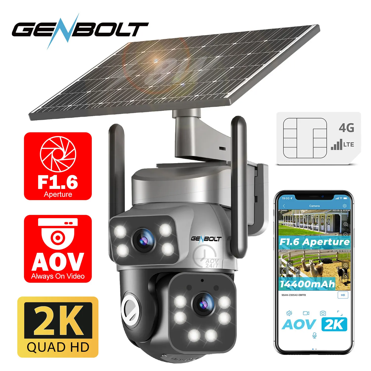 GENBOLT 4G LTE Solar Camera Outdoor Wireless No WiFi 24/7 AOV Record 14400mAh Battery 2K SIM Card IP Cam 90FT AI Human Detection
GENBOLT 4G LTE Solar Camera Outdoor Wireless No WiFi 24/7 AOV Record 14400mAh Battery 2K SIM Card IP Cam 90FT AI Human Detection