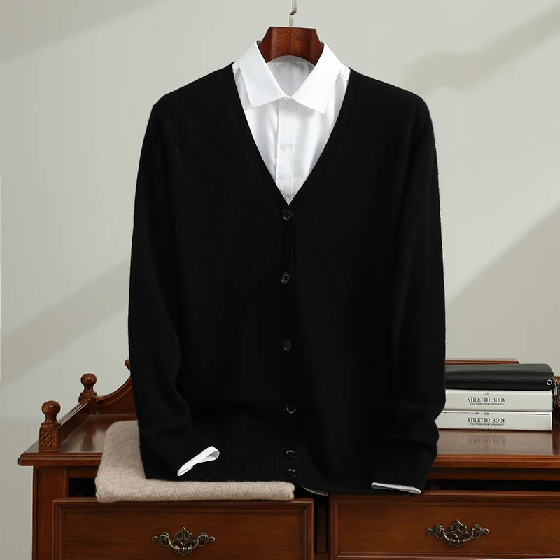 Autumn Winter Classic 100% Cashmere Sweater Men's V-Neck Knitted Cardigan Solid Color Button-Up Outerwear Sweater Casual Jacket
Autumn Winter Classic 100% Cashmere Sweater Men's V-Neck Knitted Cardigan Solid Color Button-Up Outerwear Sweater Casual Jacket