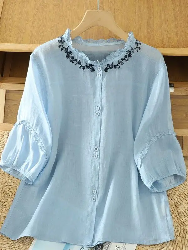Elegant Embroidered Cotton Linen Shirt Women Summer Lightweight Cool Loose Lantern Sleeve Blouse Floral Lace Collar Top
Elegant Embroidered Cotton Linen Shirt Women Summer Lightweight Cool Loose Lantern Sleeve Blouse Floral Lace Collar Top