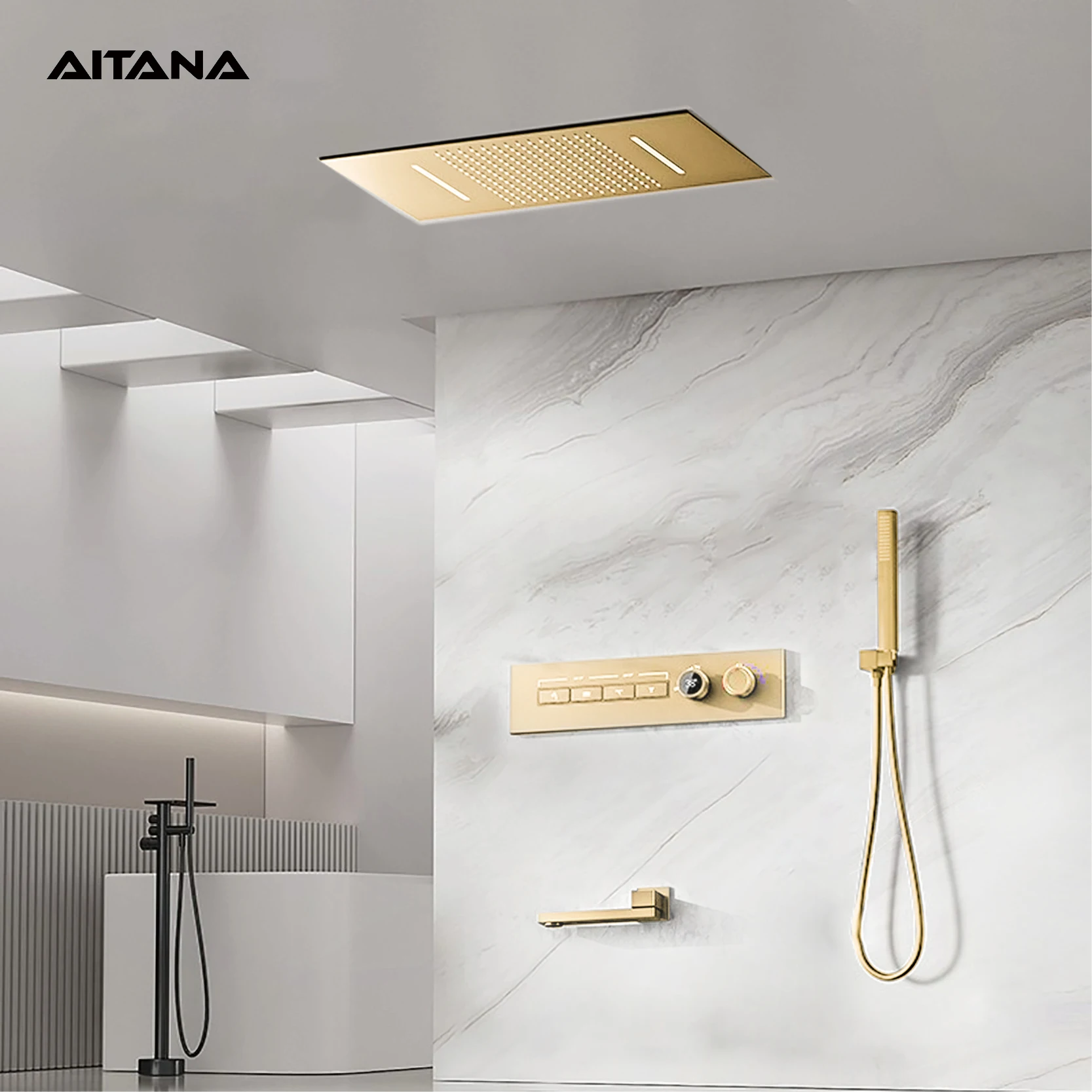 Modern brushed gold brass LED digital ceiling embedded shower system. Thermostatic 4-function waterfall/rain shower bathroom Tap 
Modern brushed gold brass LED digital ceiling embedded shower system. Thermostatic 4-function waterfall/rain shower bathroom Tap