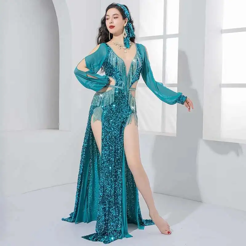Brilliant Sequins BALADI Dress Egyptian Belly Dance Costume Competition Group Performance Set Long Sleeves Dresses with Headband
Brilliant Sequins BALADI Dress Egyptian Belly Dance Costume Competition Group Performance Set Long Sleeves Dresses with Headband