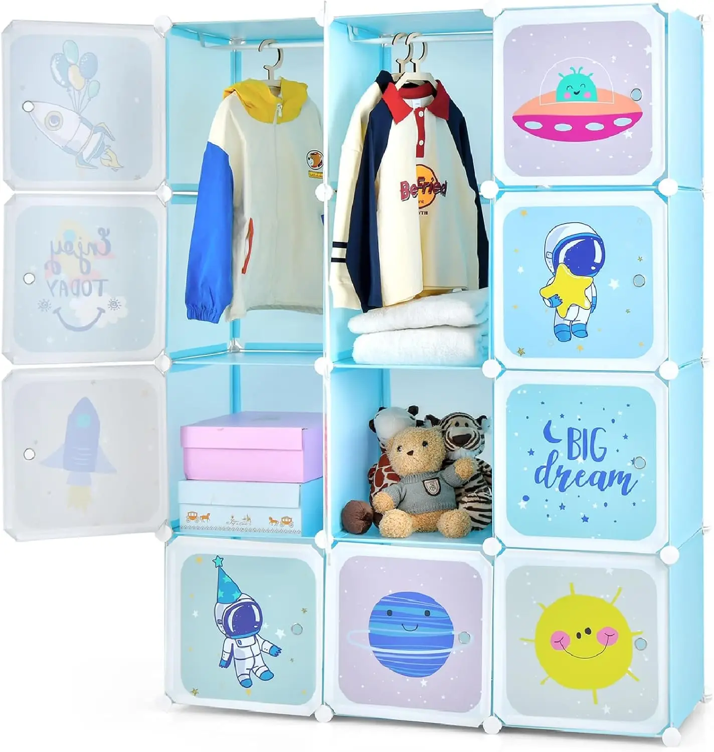 Kids Wardrobe with Doors, 12 Cubes & 2 Hanging Sections, Portable Closet for Nursery Bedroom Storage Organizer in Blue
Kids Wardrobe with Doors, 12 Cubes & 2 Hanging Sections, Portable Closet for Nursery Bedroom Storage Organizer in Blue