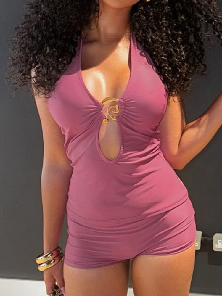 Foamlina Casual Summer 2-Piece Set Women Sexy Solid Metal Detail Halter Crop Top and Skinny Shorts Suits with Matching Headband
Foamlina Casual Summer 2-Piece Set Women Sexy Solid Metal Detail Halter Crop Top and Skinny Shorts Suits with Matching Headband