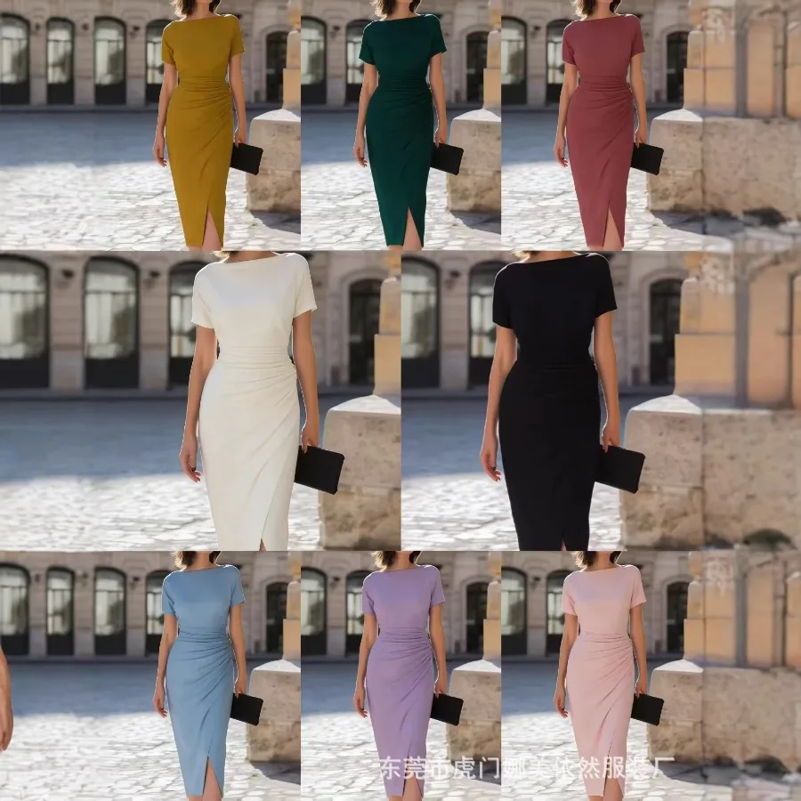 【New style】Step into a minimalist and elegant boat collar, short-sleeved dress, waist fold, split slim bag, hip mid-length dres
【New style】Step into a minimalist and elegant boat collar, short-sleeved dress, waist fold, split slim bag, hip mid-length dres