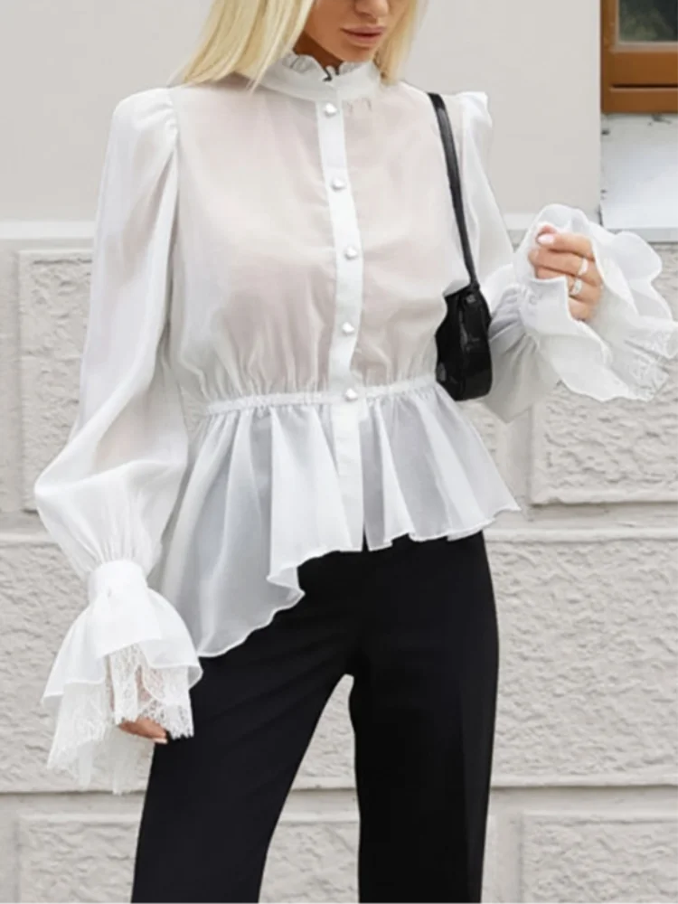 Women's Solid Color Sheer Lace Ruffle Blouse Fashion Elegant Pearl Button Peplum Tops 2026 lady Versatile Date Night Shirt
Women's Solid Color Sheer Lace Ruffle Blouse Fashion Elegant Pearl Button Peplum Tops 2026 lady Versatile Date Night Shirt