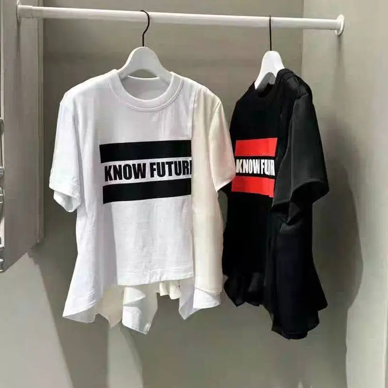 SAC summer letter print crew neck irregular splicing casual short-sleeved T-shirt
SAC summer letter print crew neck irregular splicing casual short-sleeved T-shirt