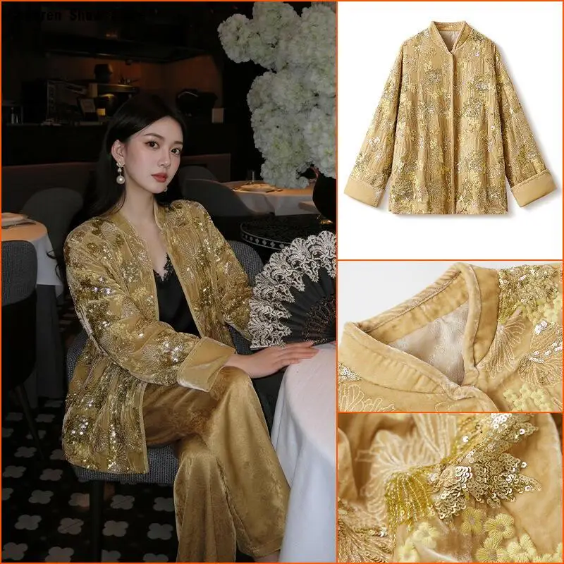 2025 Autumn New Tang Clothes Luxury Yellow Hanfy Costume Sequin Embroidery Flower Qipao Top Spring Festival Qipao Jacket
2025 Autumn New Tang Clothes Luxury Yellow Hanfy Costume Sequin Embroidery Flower Qipao Top Spring Festival Qipao Jacket