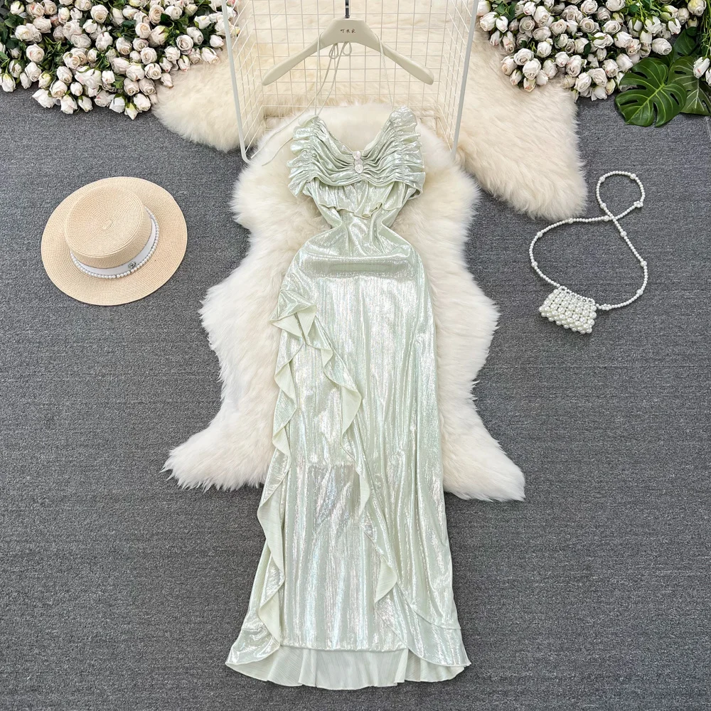 Sexy Backless Irregular Long Dress Women Summer Lace-up Halter Neck Sleeveless Slim Waist Ruffles High Split Evening Party Robe
Sexy Backless Irregular Long Dress Women Summer Lace-up Halter Neck Sleeveless Slim Waist Ruffles High Split Evening Party Robe