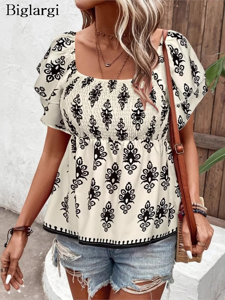 Summer Square Collar Tops Women Geometric Print Fashion Ruffle Pleated Ladies Blouses Loose Woman Tops
Summer Square Collar Tops Women Geometric Print Fashion Ruffle Pleated Ladies Blouses Loose Woman Tops