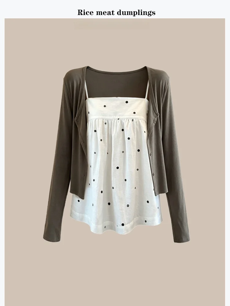 Summer Polka Dot Casual Loose Fit Camisole Top And Vest Set Women's Fashion Ensemble round Neck Long Sleeve Slimming Effect
Summer Polka Dot Casual Loose Fit Camisole Top And Vest Set Women's Fashion Ensemble round Neck Long Sleeve Slimming Effect
