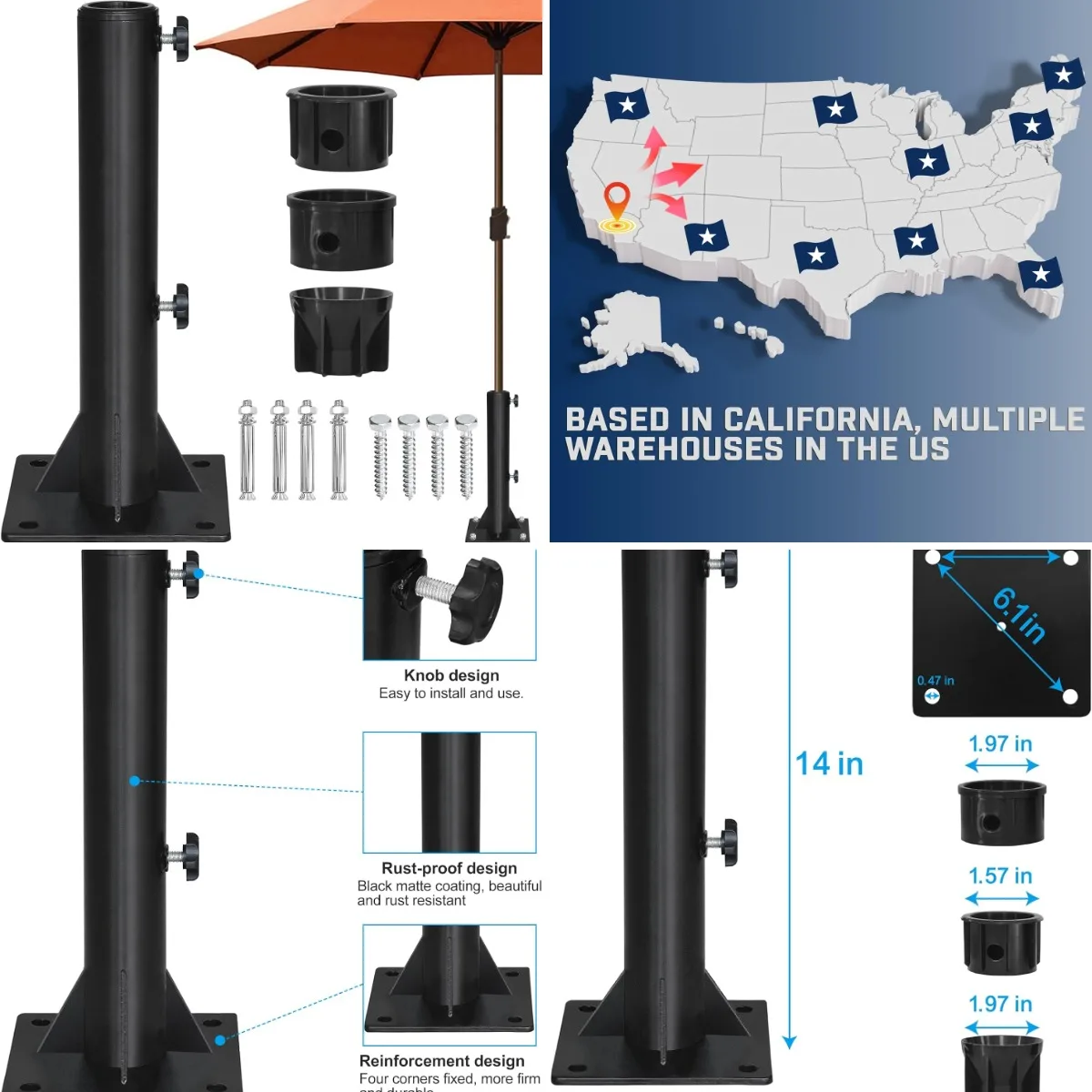 USA Heavy Duty Patio Umbrella Stand for 1.5'-1.9' Pole, Rustproof Metal Deck Mount Umbrella Base Holder with Expansion Screws, S
USA Heavy Duty Patio Umbrella Stand for 1.5'-1.9' Pole, Rustproof Metal Deck Mount Umbrella Base Holder with Expansion Screws, S