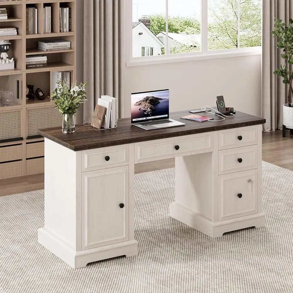 Rustic Executive Desk with Drawers, Lockable File Cabinet, Storage and Power Outlet, White Office Desk for Workspace or Study
Rustic Executive Desk with Drawers, Lockable File Cabinet, Storage and Power Outlet, White Office Desk for Workspace or Study