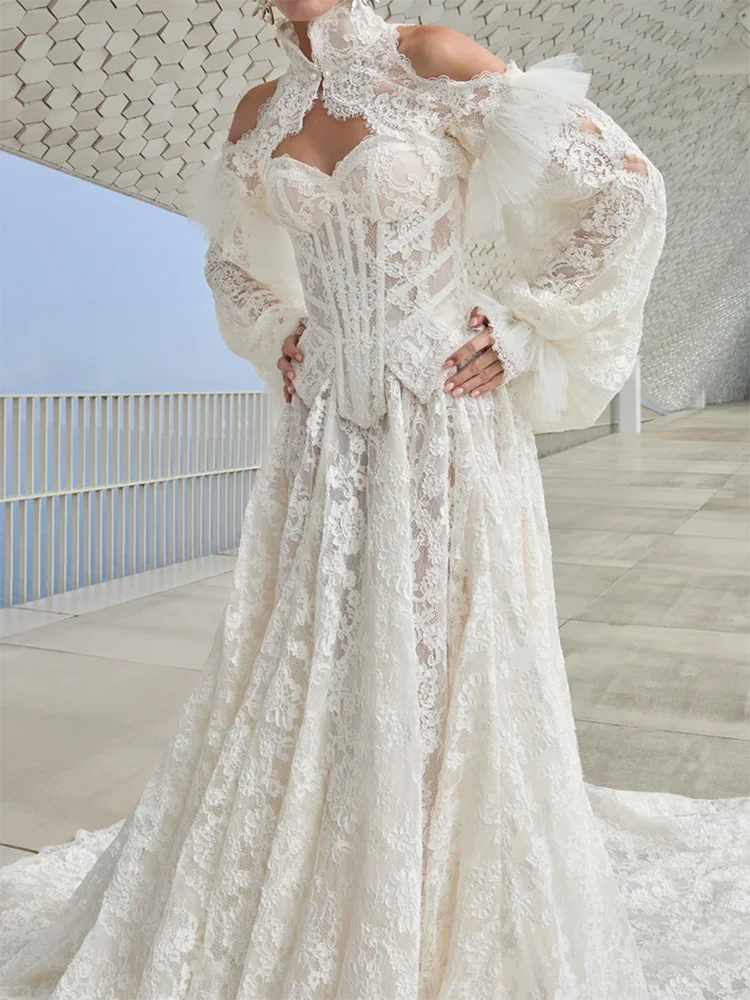 Elegant High Collar Applique Full Sleeve Pleat A-Line Bride Wedding Dresses Bridal Gowns Customized
Elegant High Collar Applique Full Sleeve Pleat A-Line Bride Wedding Dresses Bridal Gowns Customized