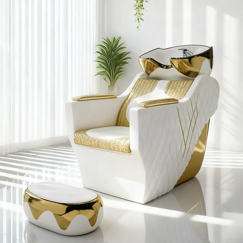 qk-Luxury White Gold Barbershop Furniture Head Therapy Washing Chair Modern Reclining Beauty Salon Shampoo Chair with Footrest@
qk-Luxury White Gold Barbershop Furniture Head Therapy Washing Chair Modern Reclining Beauty Salon Shampoo Chair with Footrest@