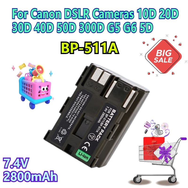 7.4V 2800mAh BP-511A Battery for Canon DSLR Cameras 10D 20D 30D 40D 50D 300D G5 G6 5D
7.4V 2800mAh BP-511A Battery for Canon DSLR Cameras 10D 20D 30D 40D 50D 300D G5 G6 5D