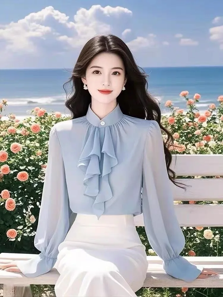 Elegant Fashion Women Blouse Flare Long Sleeve Chiffon Shirt Stand Collar Solid Color Ruffles Office Lady Tops
Elegant Fashion Women Blouse Flare Long Sleeve Chiffon Shirt Stand Collar Solid Color Ruffles Office Lady Tops