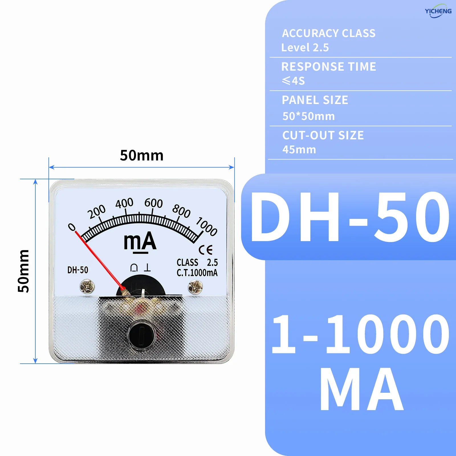 YICHENG Milliampere meter DC.1mA2mA3mA5mA10mA30mA50mA100mA300mA500mA1000mA.DH series panel size 50mm/80mm.Direct connection 
YICHENG Milliampere meter DC.1mA2mA3mA5mA10mA30mA50mA100mA300mA500mA1000mA.DH series panel size 50mm/80mm.Direct connection