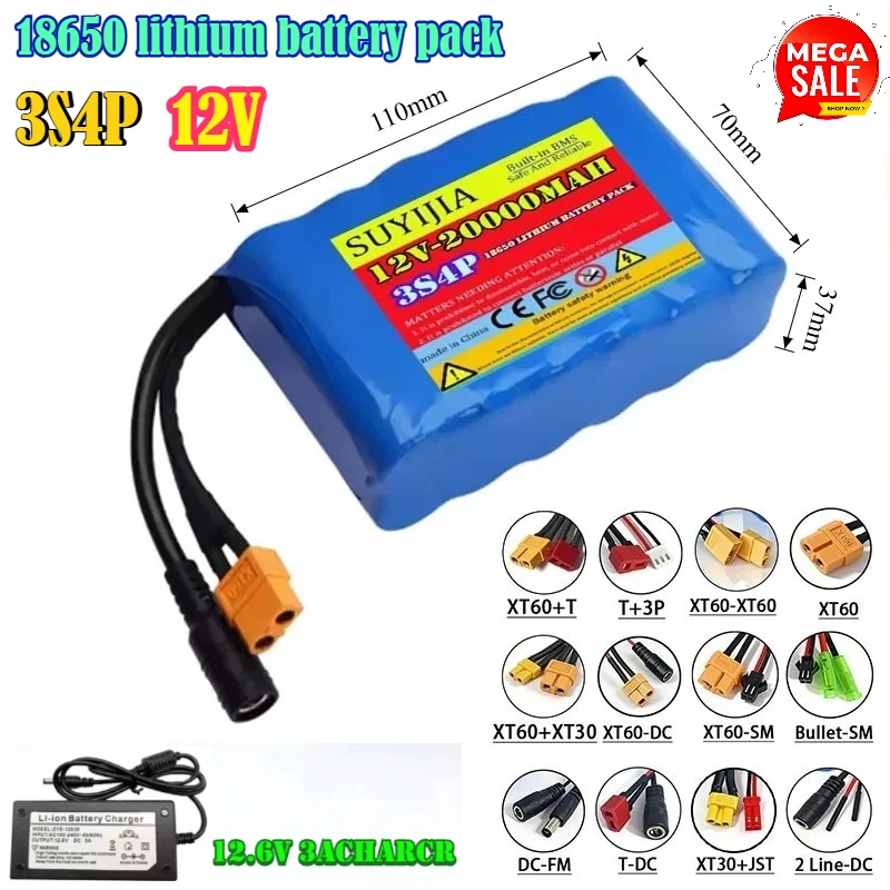 3S4P 12V 40A 18650 20000mAh Rechargeable Lithium-ion Battery High Capacity Battery XT60 DC5521 400W High Power Motorcycle Light
3S4P 12V 40A 18650 20000mAh Rechargeable Lithium-ion Battery High Capacity Battery XT60 DC5521 400W High Power Motorcycle Light