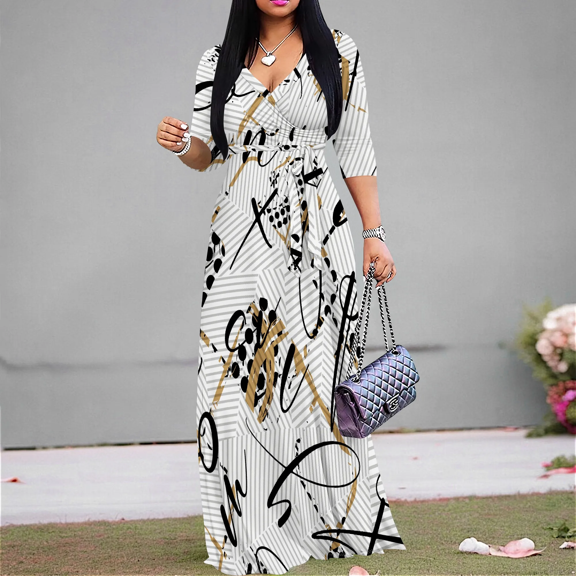 Abstract Script Print Plus Size Dress S-3XL V-Neck 3/4 Sleeve Belted Maxi Style for Casual, Garden Party or Art Show Look
Abstract Script Print Plus Size Dress S-3XL V-Neck 3/4 Sleeve Belted Maxi Style for Casual, Garden Party or Art Show Look