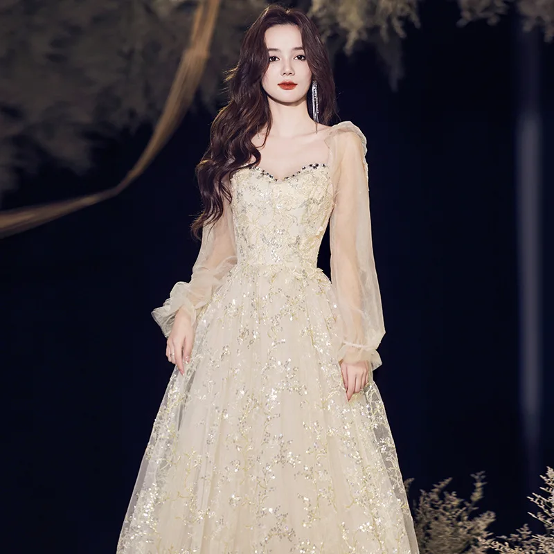 Elegant Champagne Evening Dress 2025 New Women's Puff Long Sleeve Sequined Diamond Square Collar A-Line Tulle Prom Party Gowns
Elegant Champagne Evening Dress 2025 New Women's Puff Long Sleeve Sequined Diamond Square Collar A-Line Tulle Prom Party Gowns