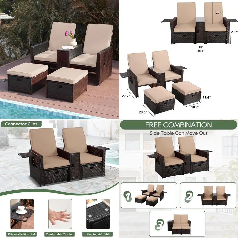 Outdoor Wicker Loveseat with Cushion - Rattan Sofa Set and Adjustable Lounge Chair with Ottoman
Outdoor Wicker Loveseat with Cushion - Rattan Sofa Set and Adjustable Lounge Chair with Ottoman