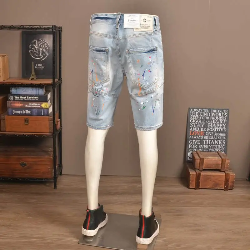 Summer light blue ripped denim shorts for men's fashion, paint printed elastic slim fit high-end street casual shorts
Summer light blue ripped denim shorts for men's fashion, paint printed elastic slim fit high-end street casual shorts