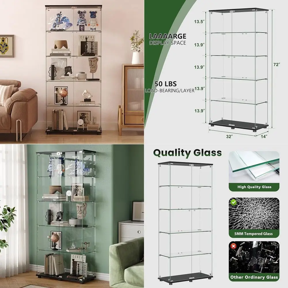 Display Cabinet with 5Shelf Double Doors and Lock, 5mm Tempered Glass Floor Standing Bookshelf for Living Room, Bedroom, Office
Display Cabinet with 5Shelf Double Doors and Lock, 5mm Tempered Glass Floor Standing Bookshelf for Living Room, Bedroom, Office