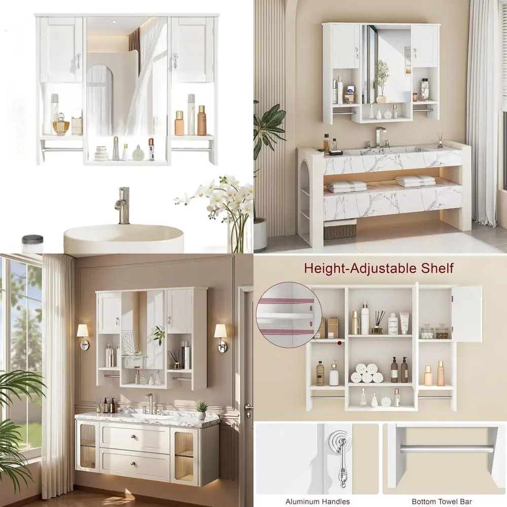 Mirrored Wall Cabinet with Open Shelves and Dual Towel Bars for Bathroom, Laundry, and Kitchen
Mirrored Wall Cabinet with Open Shelves and Dual Towel Bars for Bathroom, Laundry, and Kitchen