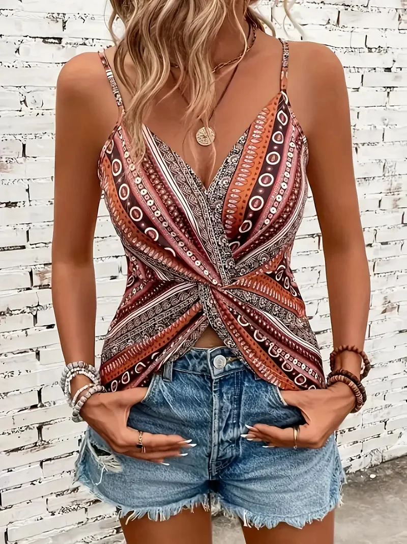 Women's sexy V-neck chain printed front twisted back camisole top, made of polyester fabric with spaghetti pattern
Women's sexy V-neck chain printed front twisted back camisole top, made of polyester fabric with spaghetti pattern