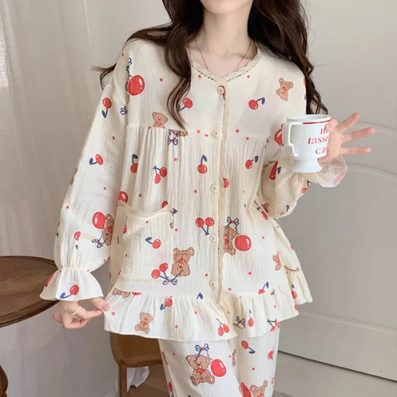 Women's Rustic Pajamas Women's Autumn Small Yellow Flower Round Neck Lace Cardigan Long Sleeve Long Pants Casual Homewear Set Ms
Women's Rustic Pajamas Women's Autumn Small Yellow Flower Round Neck Lace Cardigan Long Sleeve Long Pants Casual Homewear Set Ms