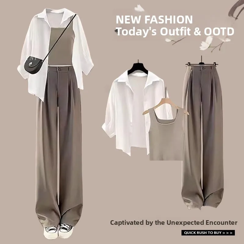 Summer Fashion Anti-Uv Shirt Strap Casual Pants Three-piece Set Women's Clothing Elegant Youthful Style by Yigujie Brand
Summer Fashion Anti-Uv Shirt Strap Casual Pants Three-piece Set Women's Clothing Elegant Youthful Style by Yigujie Brand