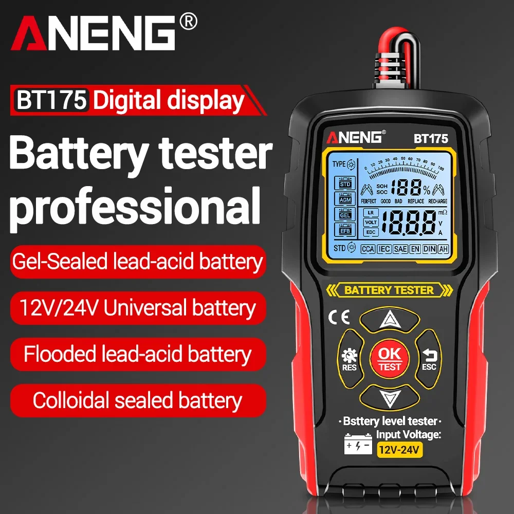 12V 24V Car Digital Battery Tester Automotive Load Tester 50-1999 CCA Battery Analyzer ANENG BT175 With Insulated Alligator Clip
12V 24V Car Digital Battery Tester Automotive Load Tester 50-1999 CCA Battery Analyzer ANENG BT175 With Insulated Alligator Clip