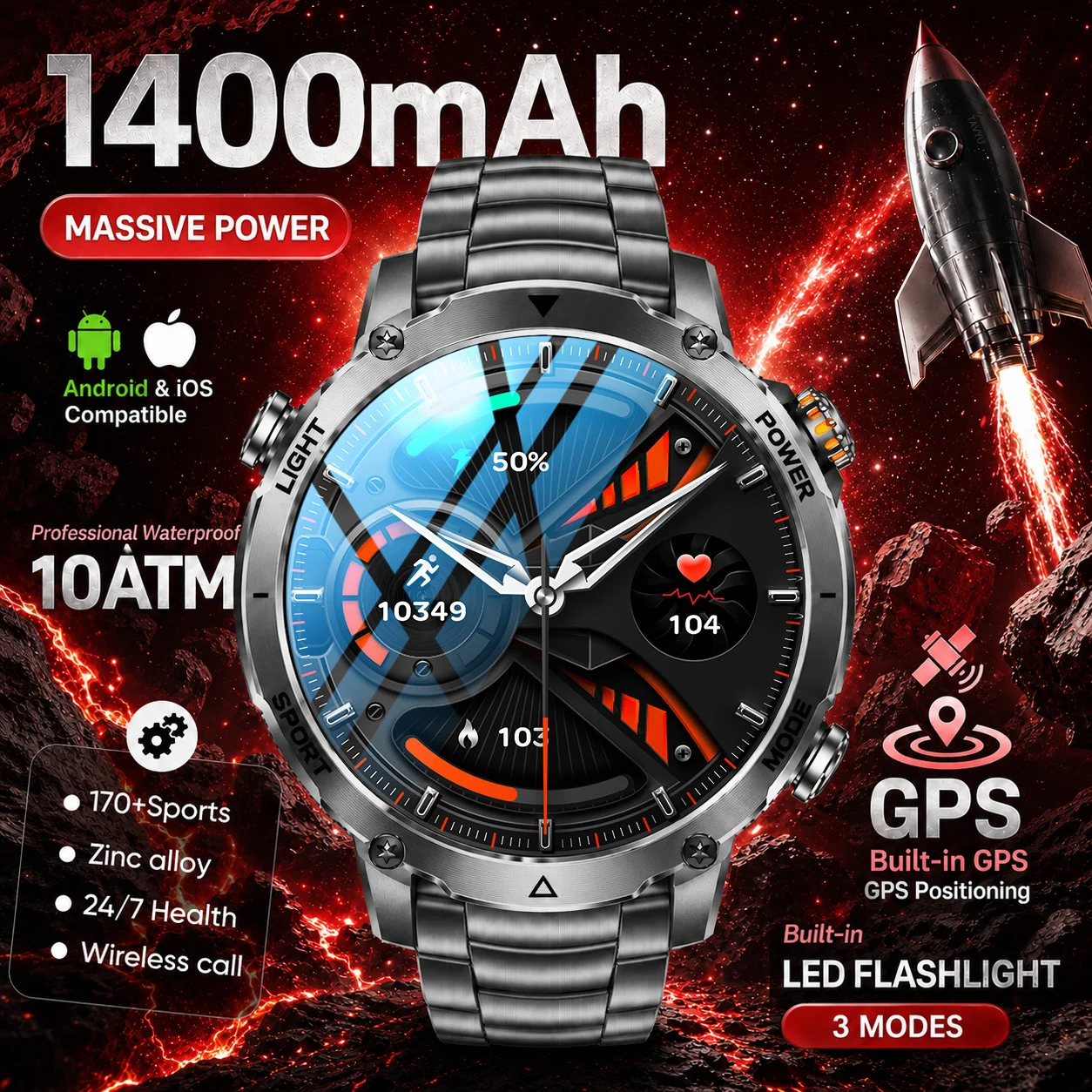 2026 New 1400mAh Massive Power Men Smart Watch Outdoor GPS LED Flashlight 3 Modes 10ATM Waterproof BT Calling 1.7" HD Smartwatch
2026 New 1400mAh Massive Power Men Smart Watch Outdoor GPS LED Flashlight 3 Modes 10ATM Waterproof BT Calling 1.7" HD Smartwatch