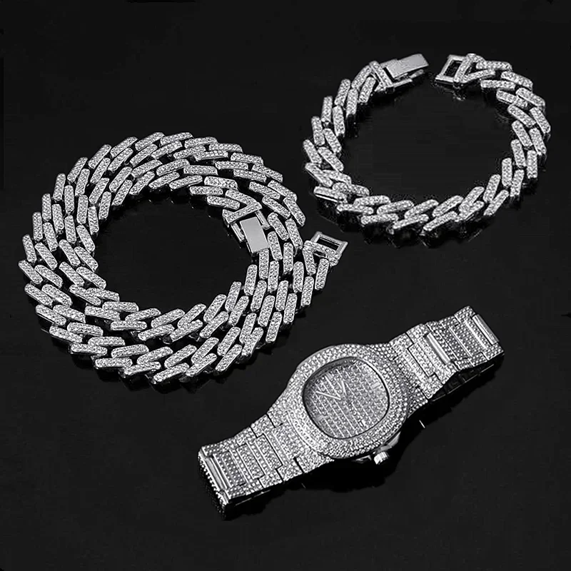 Hip Hop Miami Curb Cuban Link Chain Men Choker Iced Out Paved Rhinestone Bling Male golden Jewelry Set Watch Necklace Bracelet
Hip Hop Miami Curb Cuban Link Chain Men Choker Iced Out Paved Rhinestone Bling Male golden Jewelry Set Watch Necklace Bracelet