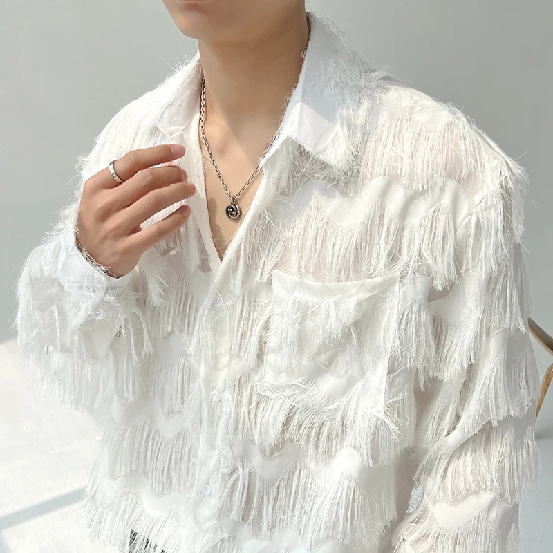 2025 Summer Men Black White Streetwear Hip Hop Shirt Men Tassels Party Night Club Men Shirts Male Long Sleeves Hollow Out Blouse
2025 Summer Men Black White Streetwear Hip Hop Shirt Men Tassels Party Night Club Men Shirts Male Long Sleeves Hollow Out Blouse
