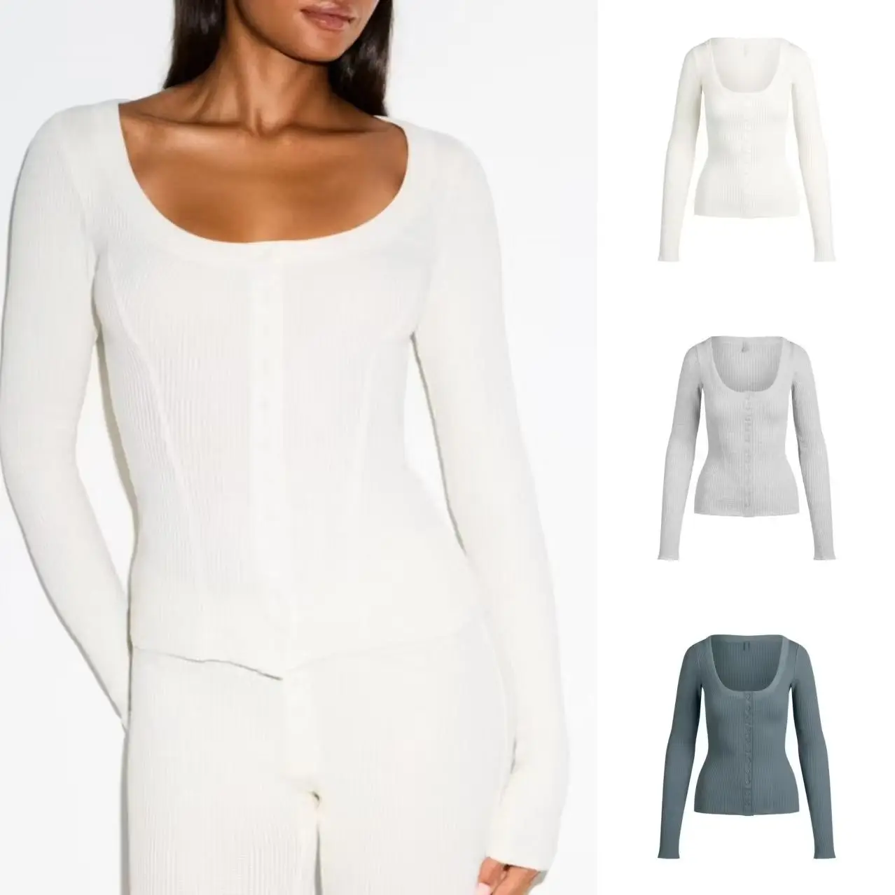26SS KIM Women's Slim Fit Square Neck Long Sleeve T-Shirt with Button-Down Design, Suitable for Layering
26SS KIM Women's Slim Fit Square Neck Long Sleeve T-Shirt with Button-Down Design, Suitable for Layering