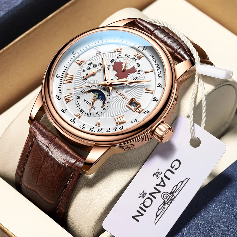GUANQIN Men Watch Luxury Automatic Mechanical Movement Multi-Function Dial Genuine Leather Strap 30M Waterproof Watches for Man
GUANQIN Men Watch Luxury Automatic Mechanical Movement Multi-Function Dial Genuine Leather Strap 30M Waterproof Watches for Man