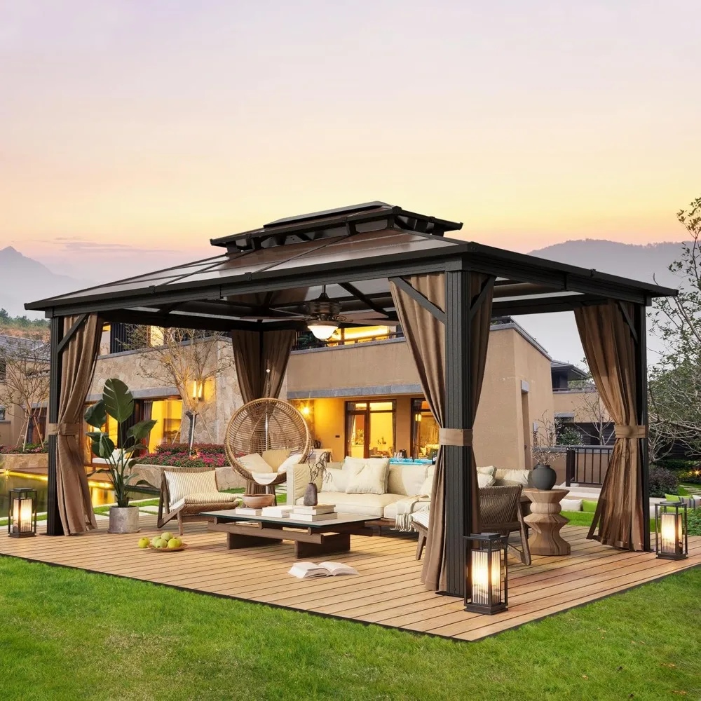 10'x13' Hardtop Gazebo, Outdoor Polycarbonate Double Roof Canopy, Aluminum Frame Permanent Pavilion with Curtains and Net
10'x13' Hardtop Gazebo, Outdoor Polycarbonate Double Roof Canopy, Aluminum Frame Permanent Pavilion with Curtains and Net