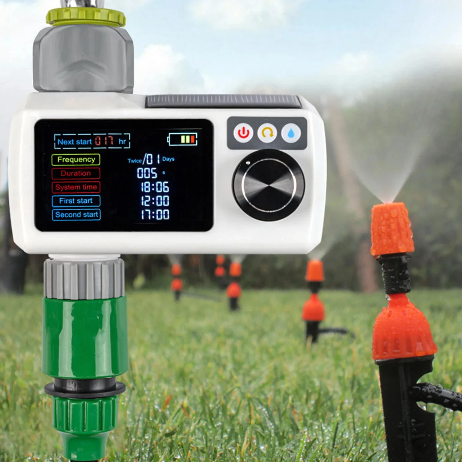 DC 1.2V Solar Sprinkler Timer Solar Rain Sensing Automatic IP68 Waterproof Real Times Self Inspection Garden Irrigation Timer
DC 1.2V Solar Sprinkler Timer Solar Rain Sensing Automatic IP68 Waterproof Real Times Self Inspection Garden Irrigation Timer