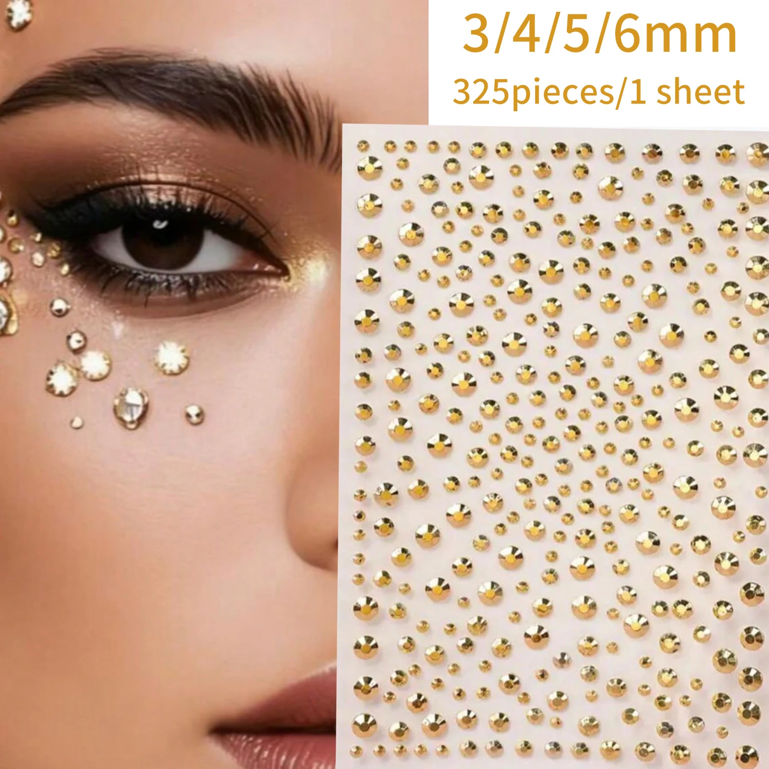 325Pcs/Sheet Gold Round Face Jewels Tattoo Stickers Mixed 3/4/5/6mm Bright Rhinestones Tattoos for Eye Body Makeup Decor Crystal
325Pcs/Sheet Gold Round Face Jewels Tattoo Stickers Mixed 3/4/5/6mm Bright Rhinestones Tattoos for Eye Body Makeup Decor Crystal