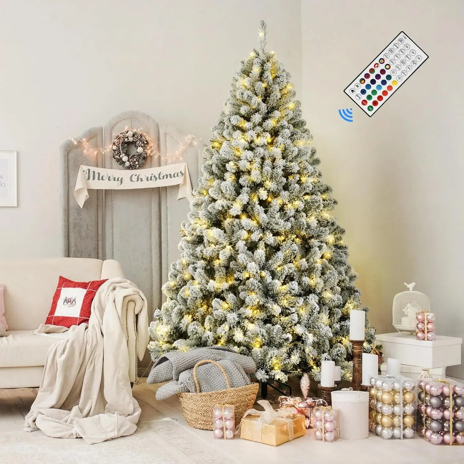 SHareconn 7.5ft Prelit Snow Flocked Artificial Holiday Christmas Tree with Remote (Upgraded), 470 Pre-Lit Multi-Color RGB Lights
SHareconn 7.5ft Prelit Snow Flocked Artificial Holiday Christmas Tree with Remote (Upgraded), 470 Pre-Lit Multi-Color RGB Lights