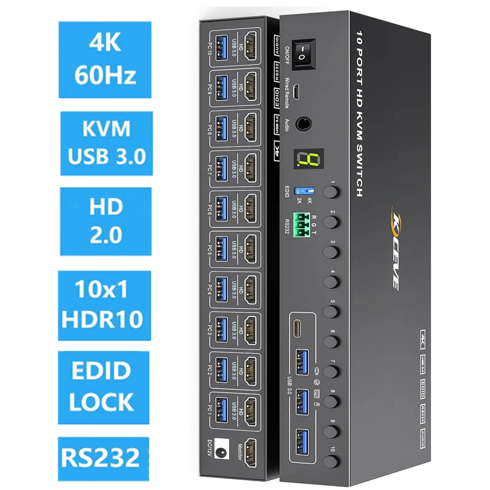 4K KVM Switch EDID Simulation,4K@60Hz HD-MIUSB3.0 KVM Switch for 10 Computers Share 1 Monitor 4 USB Devices,with Audio RS232
4K KVM Switch EDID Simulation,4K@60Hz HD-MIUSB3.0 KVM Switch for 10 Computers Share 1 Monitor 4 USB Devices,with Audio RS232