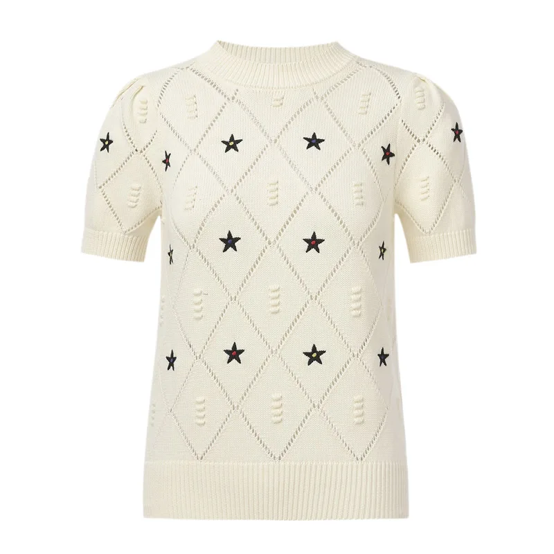 Women Knitted Cotton Short Sleeve Pullover Star O-Neck Pullover Sweater
Women Knitted Cotton Short Sleeve Pullover Star O-Neck Pullover Sweater