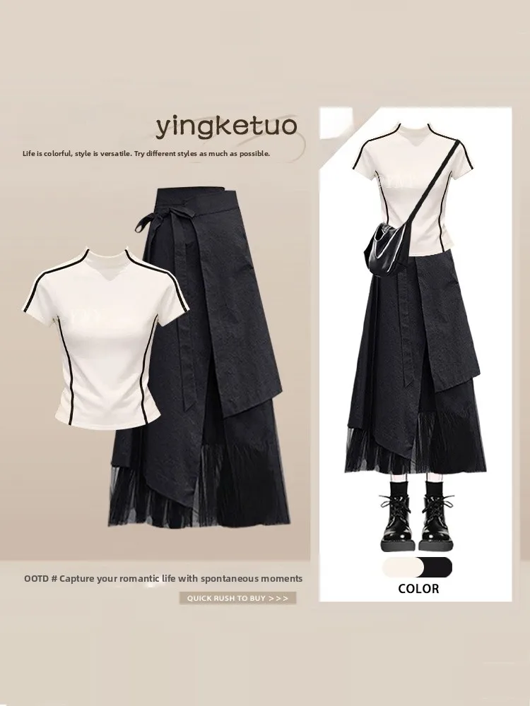 Summer Slim Fit round Neck Short Sleeve T-Shirt And High Waist Skirt Two Piece Set for Women Fashionable Patchwork Design
Summer Slim Fit round Neck Short Sleeve T-Shirt And High Waist Skirt Two Piece Set for Women Fashionable Patchwork Design