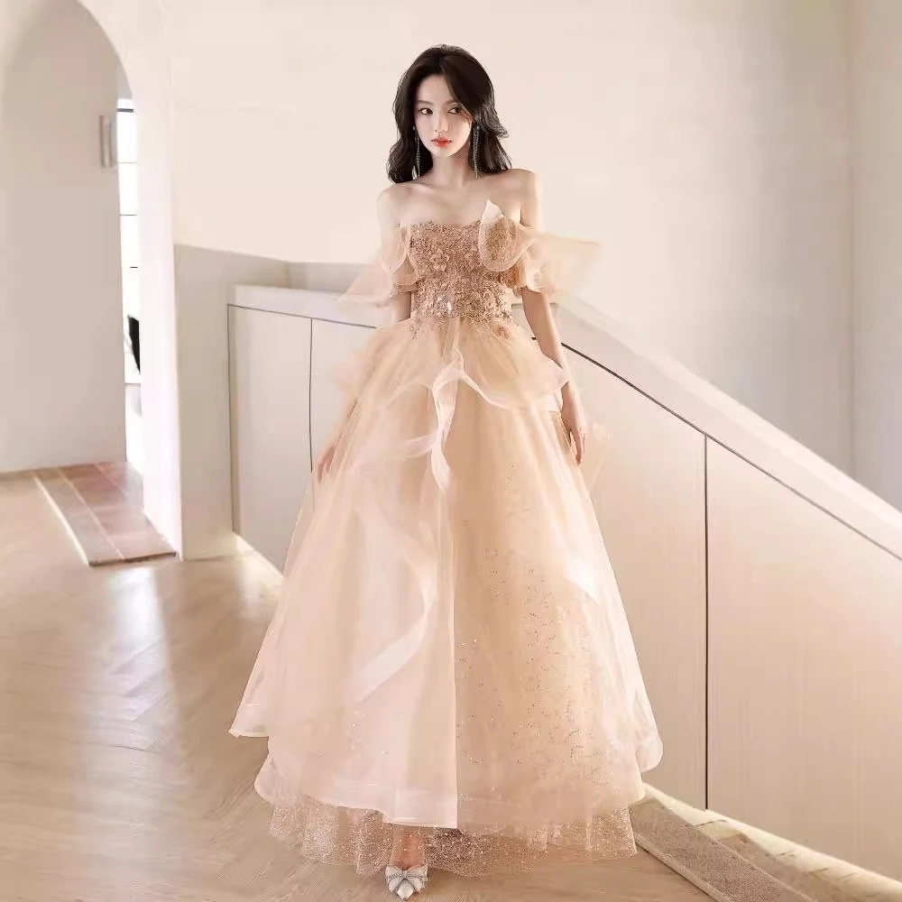 Elegant Chiffon Evening Gown Women's High-End Luxurious French Style Off Shoulder Champagne Color Ruffles Party Vestido
Elegant Chiffon Evening Gown Women's High-End Luxurious French Style Off Shoulder Champagne Color Ruffles Party Vestido